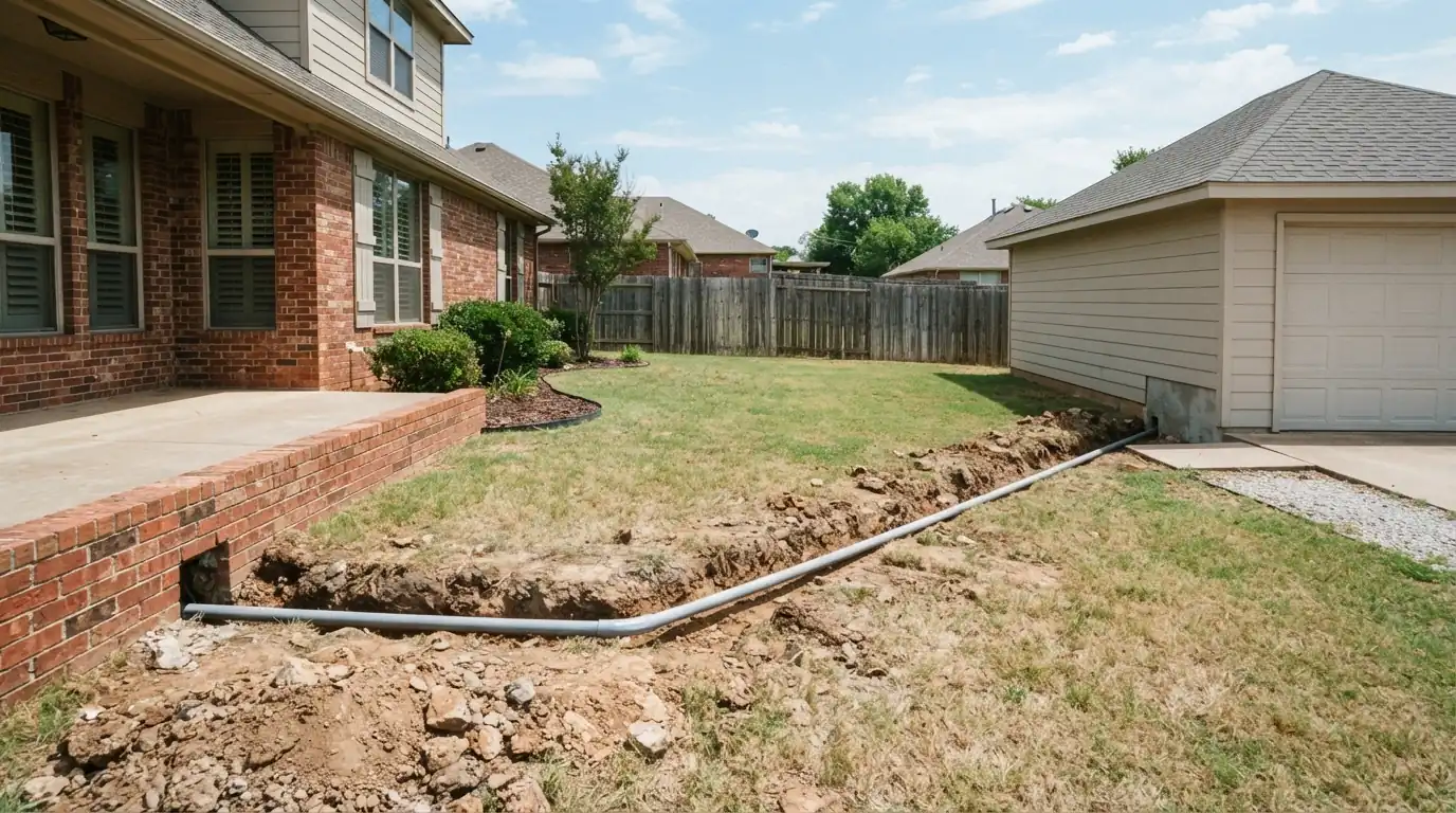 Trench with conduit running from a house to a detached garage in Oklahoma City