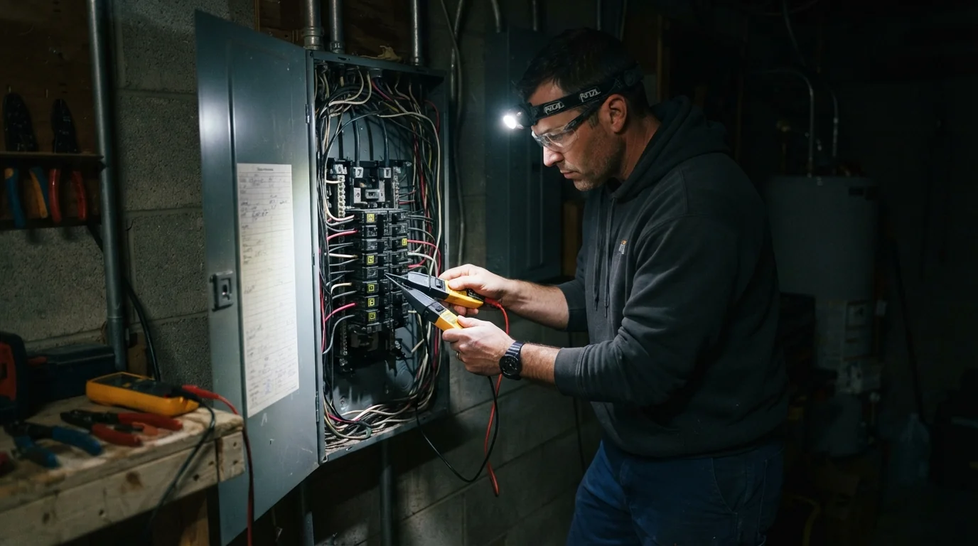 Emergency electrician testing a panel at night in Oklahoma City