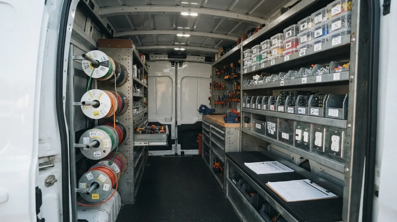 Organized service van with breakers, outlets and wire in Oklahoma City