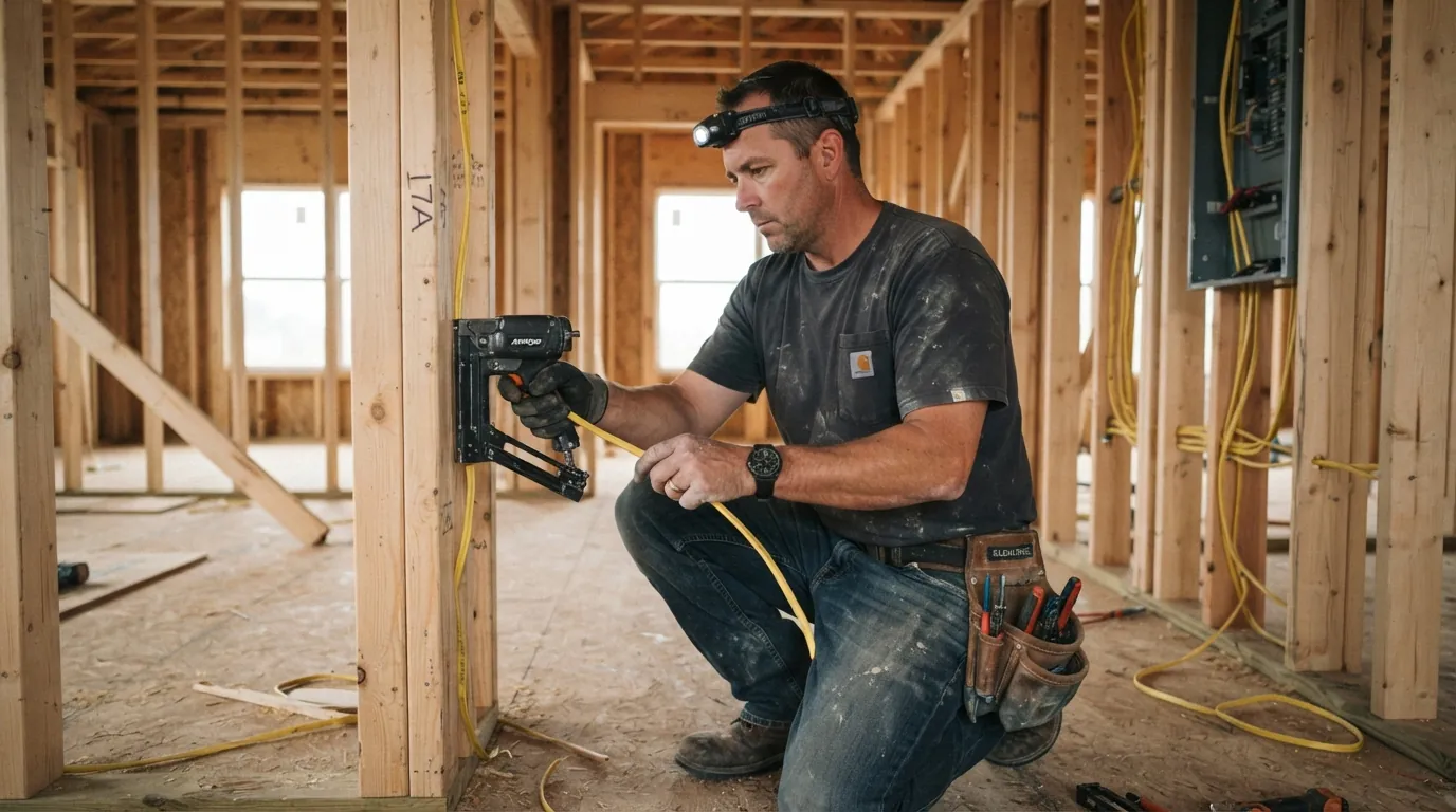 Electrician roughing in wiring on new framing in an Oklahoma City home