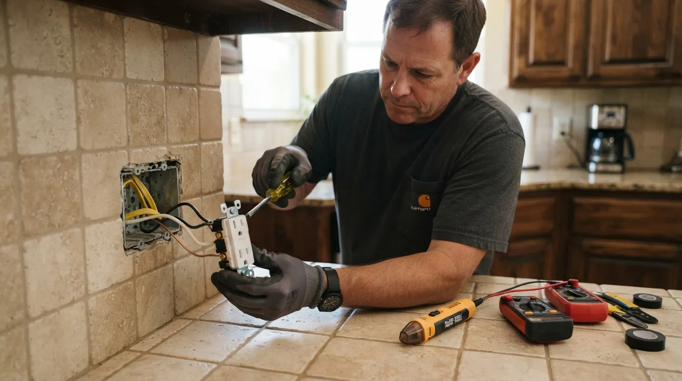 Electrician replacing a worn outlet in an Oklahoma City kitchen
