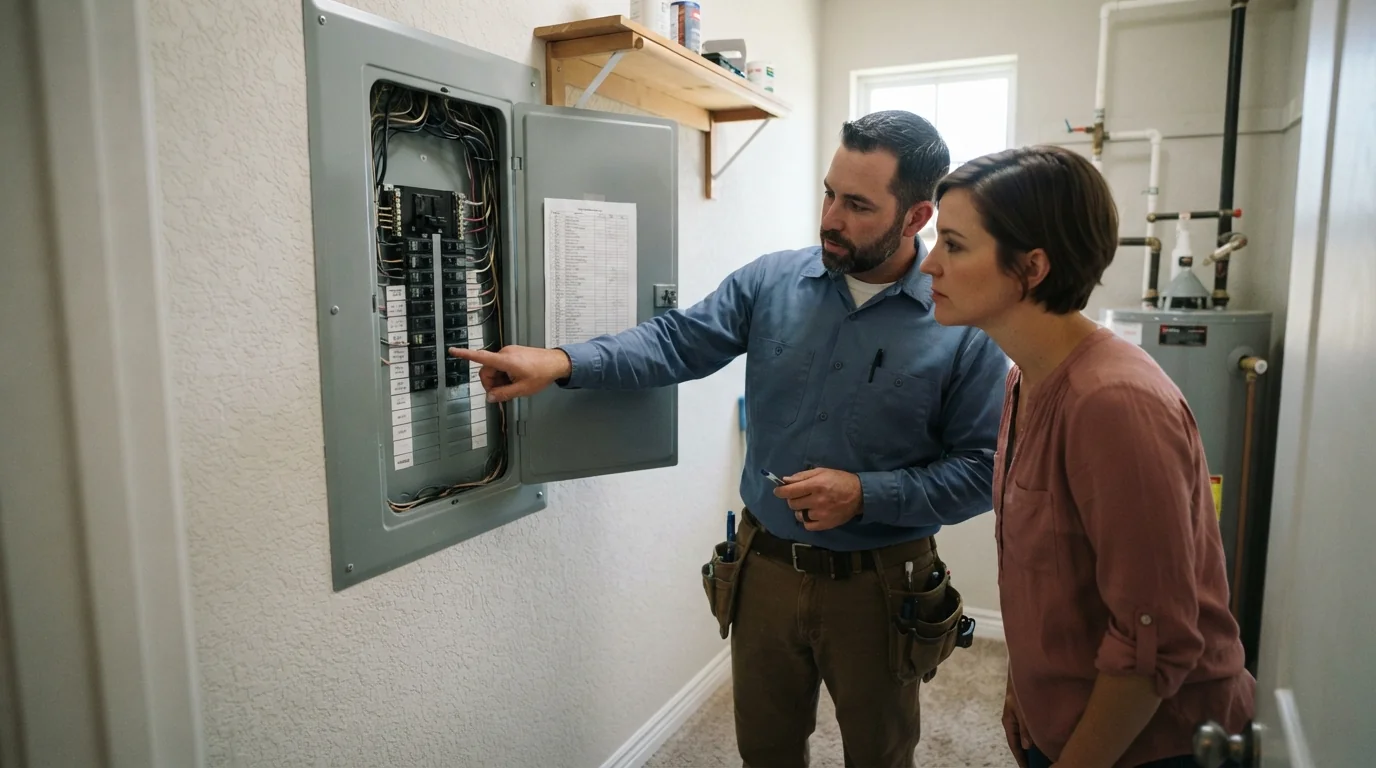 Electrician reviewing a circuit directory with a homeowner in Oklahoma City