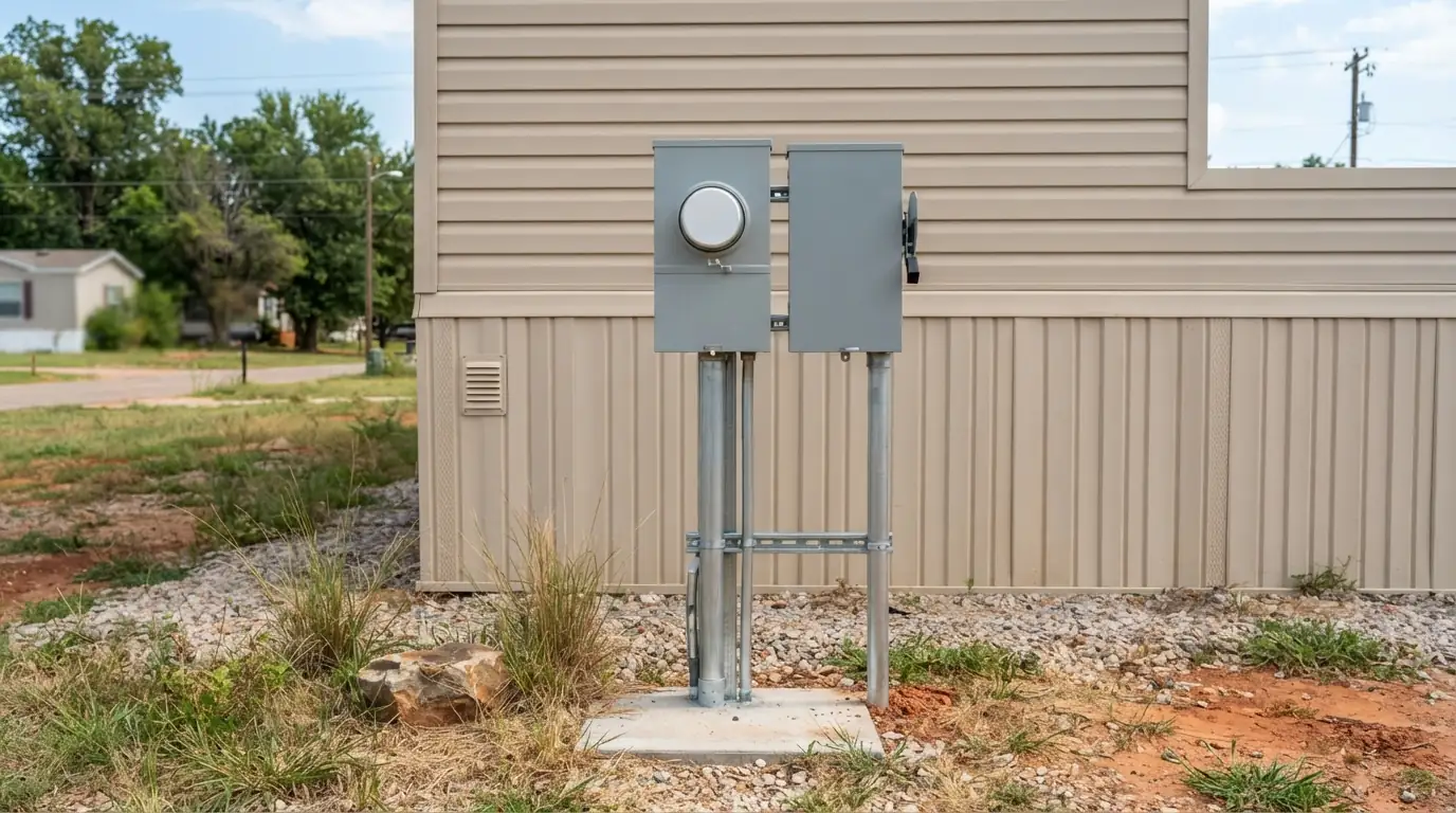 Meter pedestal and main disconnect beside a manufactured home in Oklahoma City