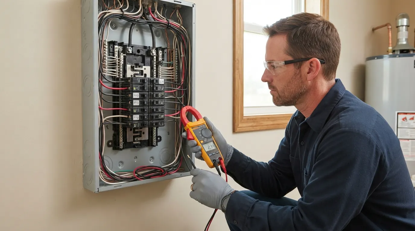 Electrician testing a breaker with a clamp meter in an Oklahoma City panel