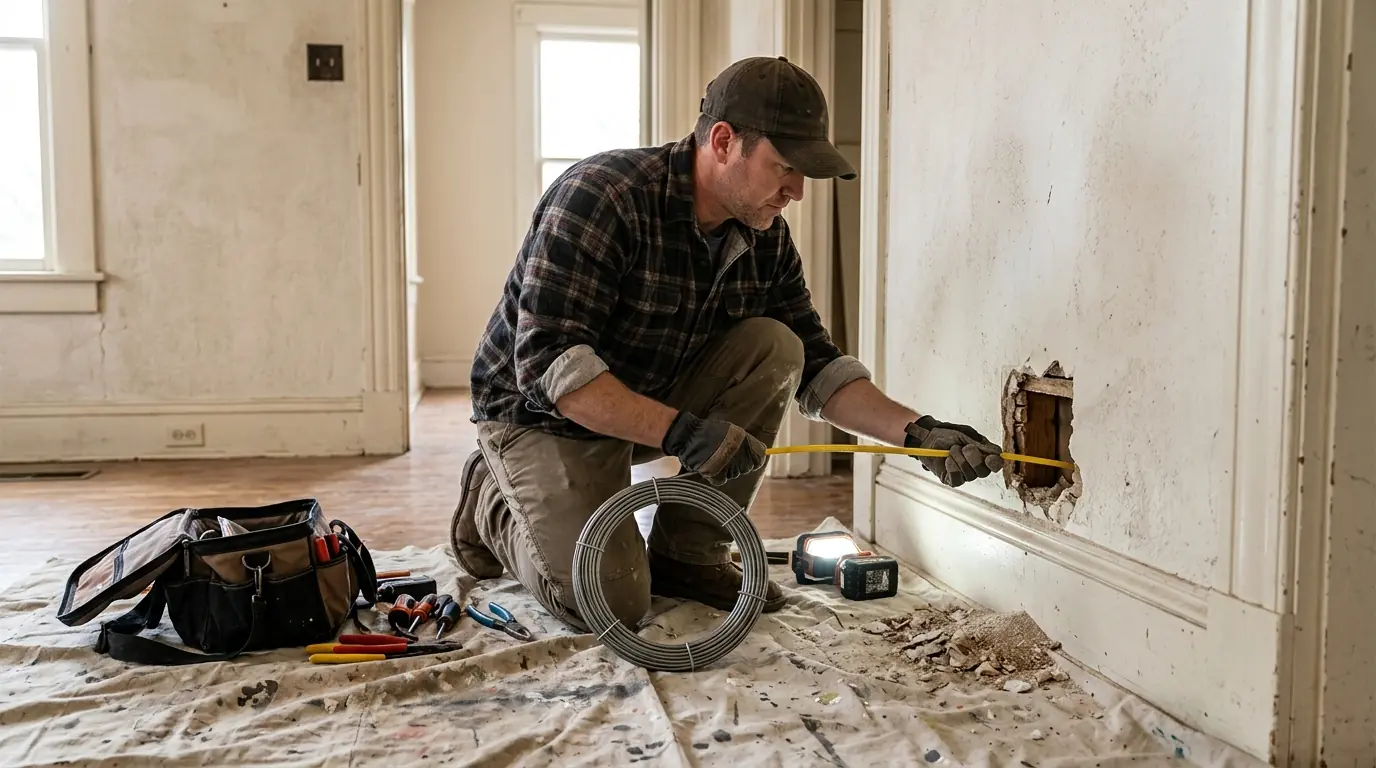 Electrician fishing new cable through a plaster wall in an older Oklahoma City home