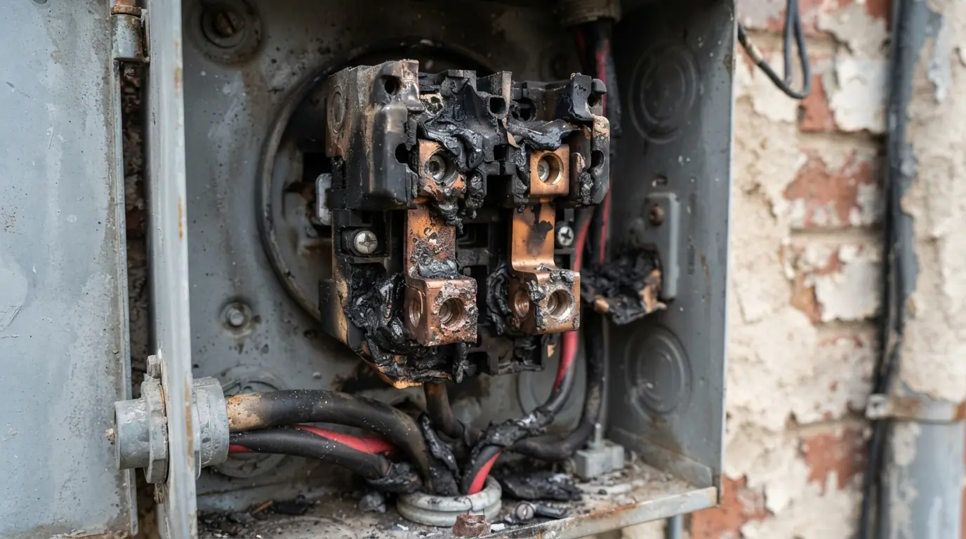 Burned meter base jaws found behind a removed meter on an Oklahoma City home
