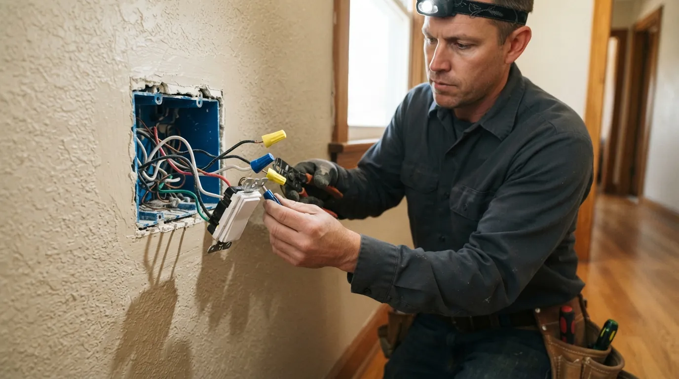 Electrician installing a smart dimmer switch in a wall box in Oklahoma City