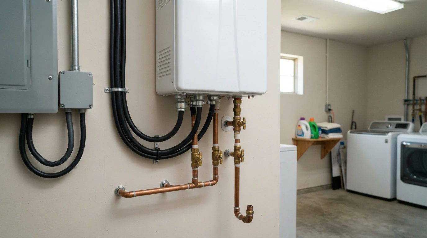 Tankless electric water heater with heavy supply wiring in an Oklahoma City home