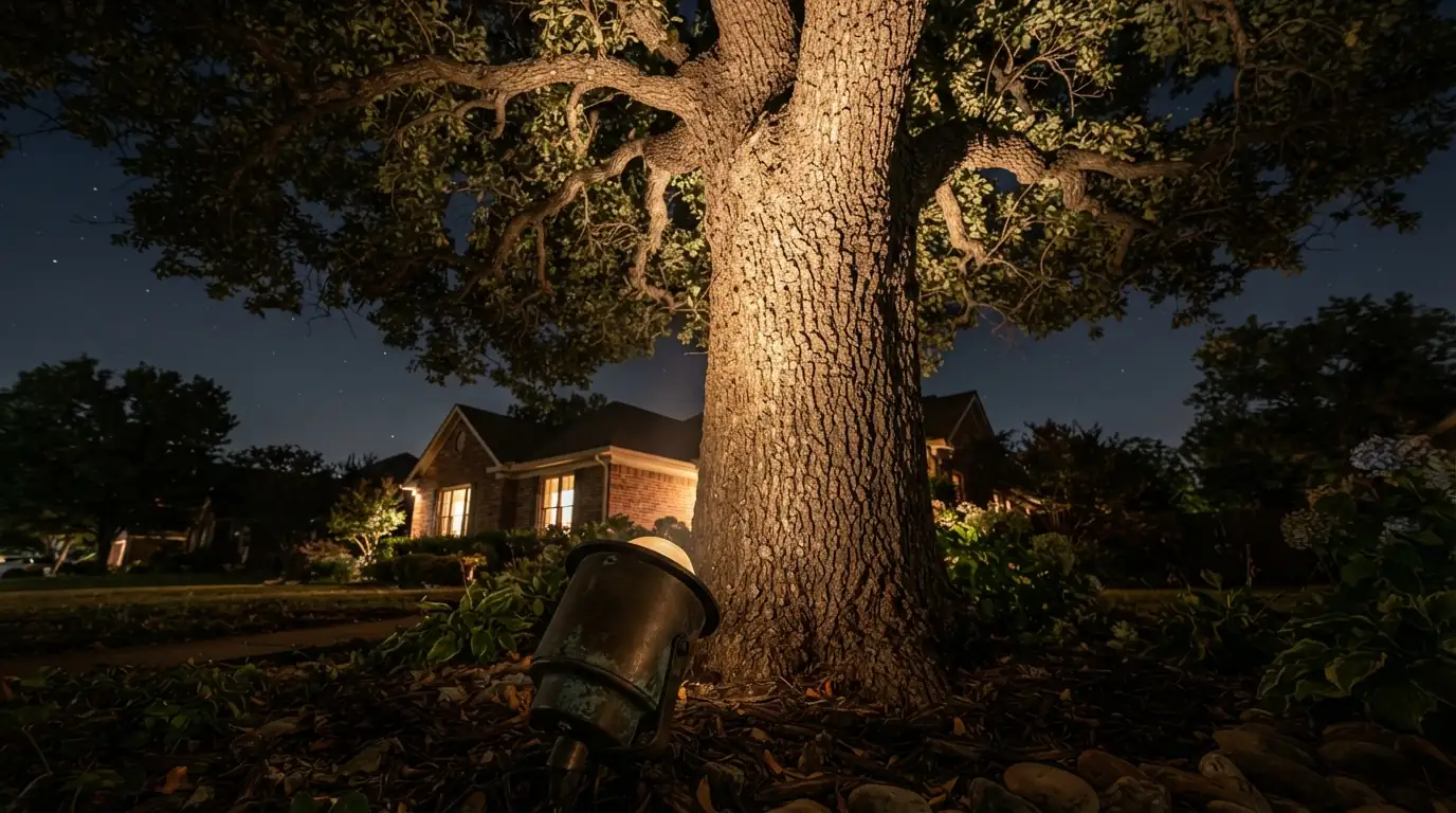 Uplight at the base of a large tree in an Oklahoma City front yard