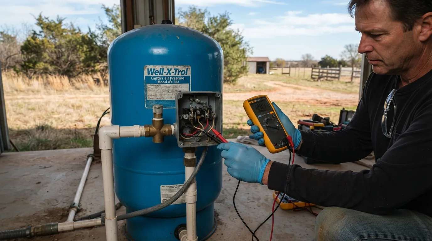 Electrician testing a well pump pressure switch beside a pressure tank near Oklahoma City
