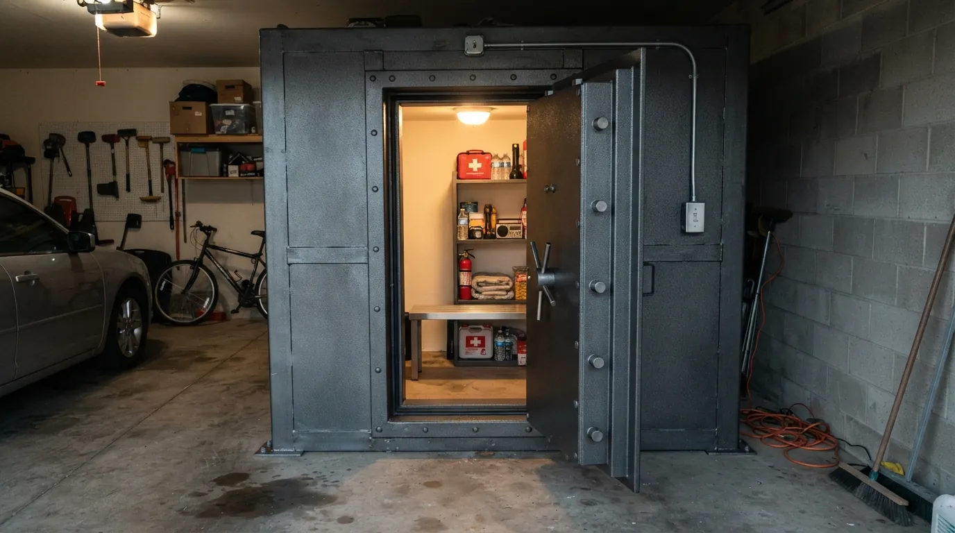 Above-ground safe room with a light and outlet in an Oklahoma City garage