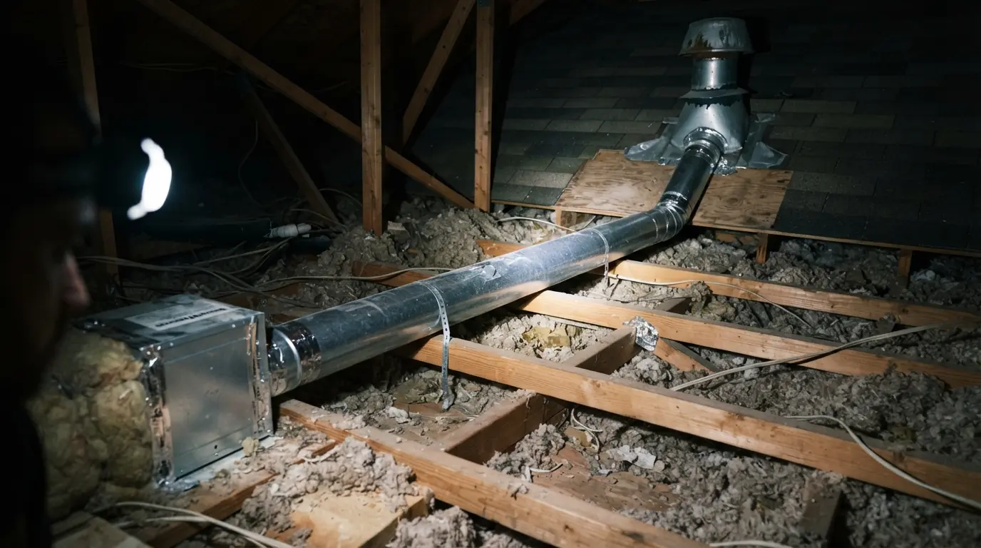 Rigid exhaust duct running from a bathroom fan to a roof cap in an Oklahoma City attic