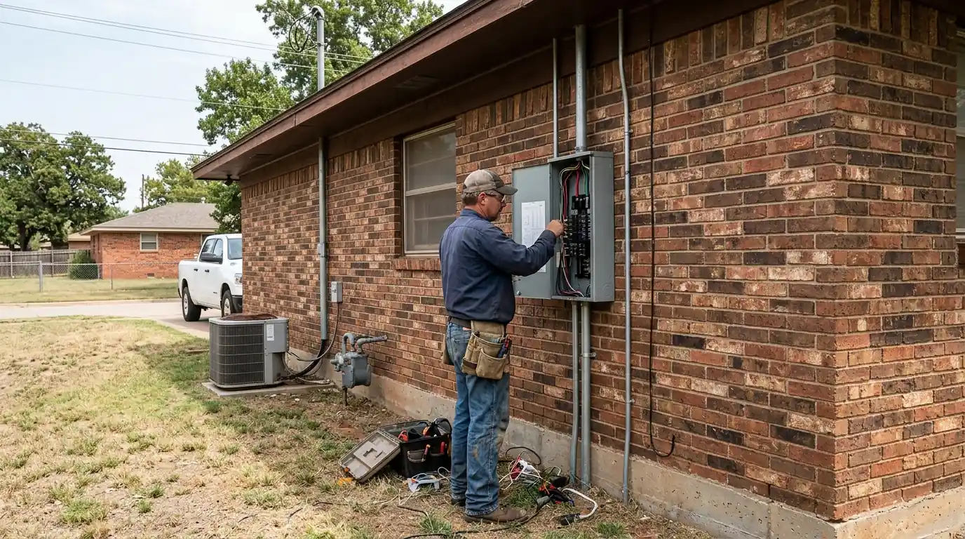 Electrician at the panel of a 1970s Yukon home