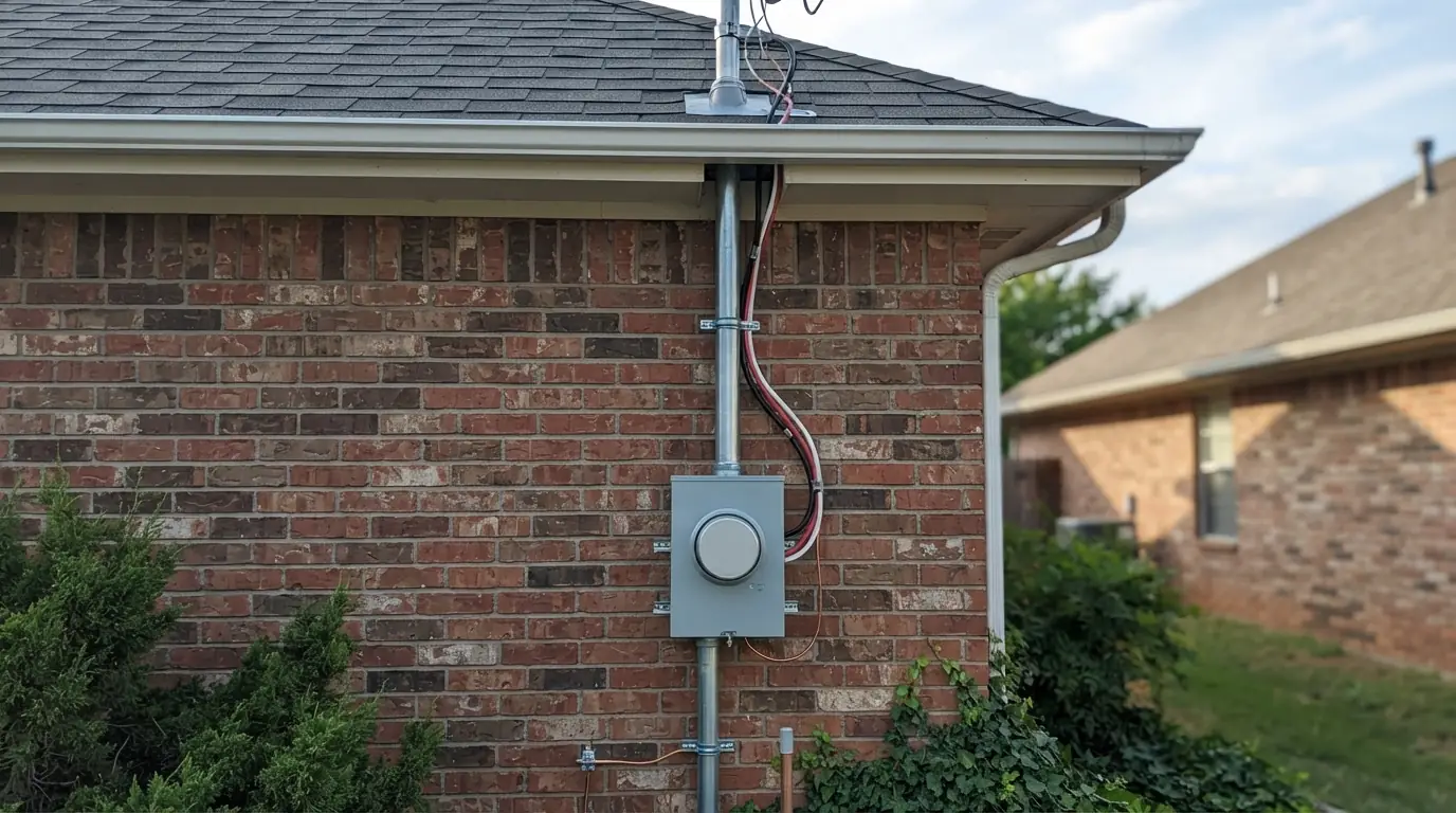 New meter base and service mast after a 200 amp upgrade in Oklahoma City