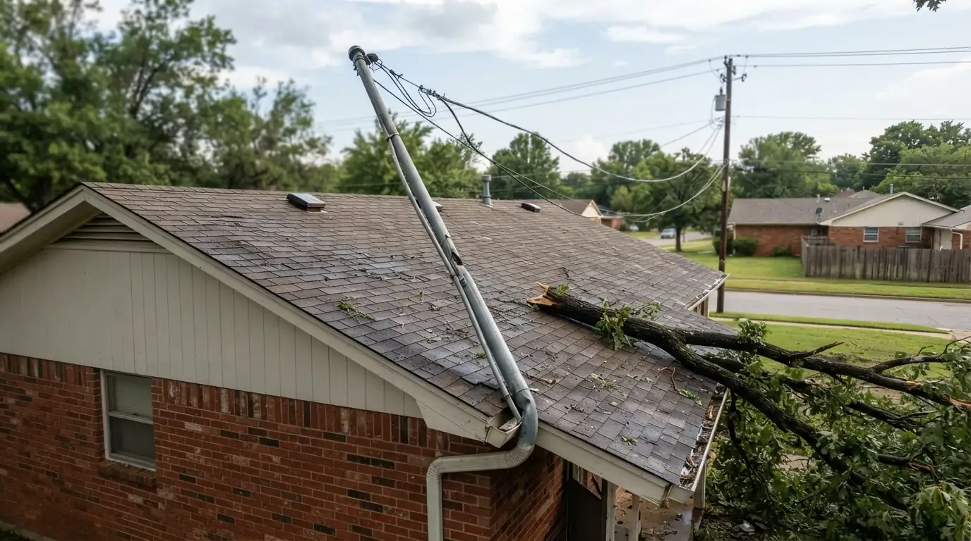 Bent service mast and weatherhead on a roof after a storm in Oklahoma City