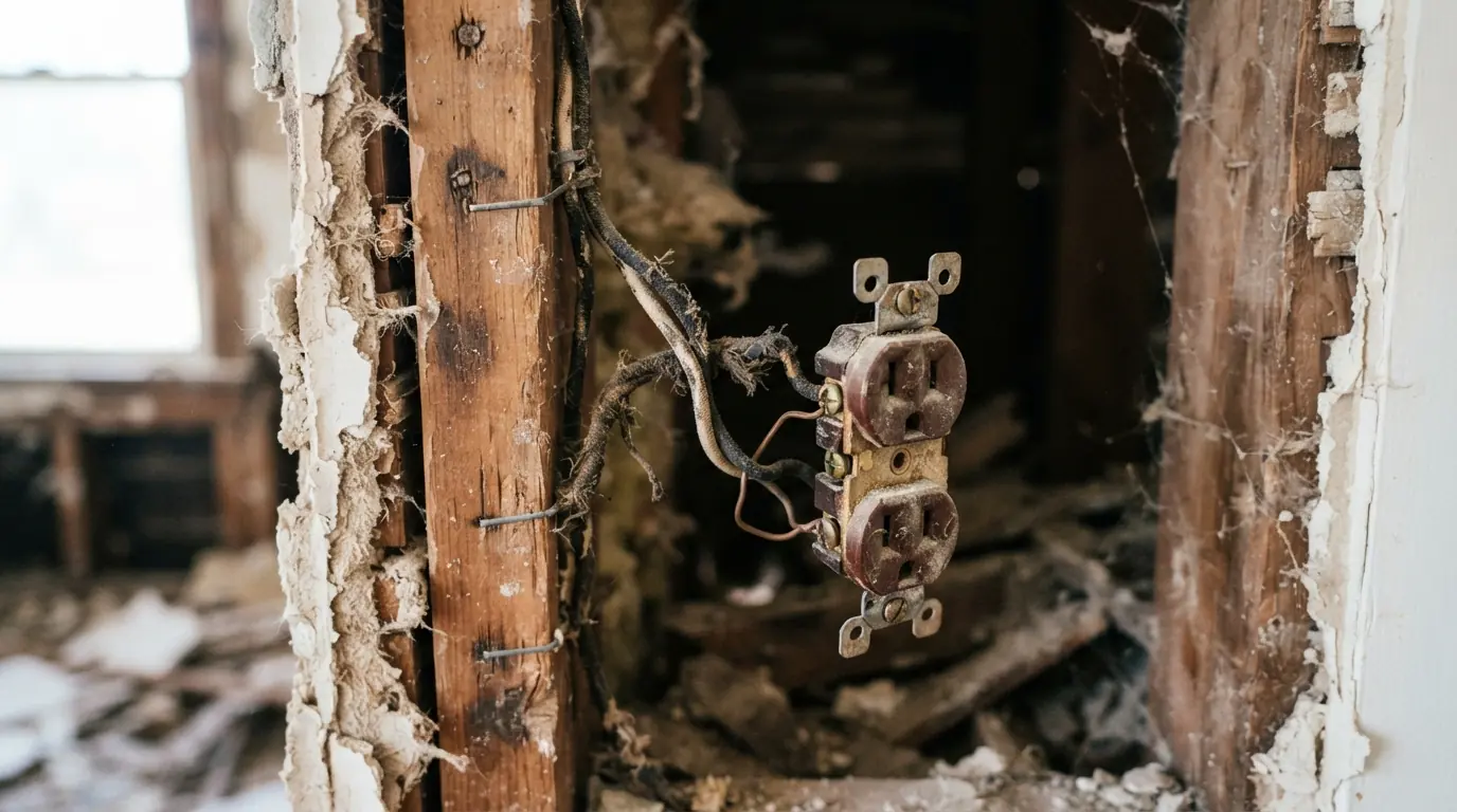 Old cloth-insulated wiring exposed behind a two-prong outlet in an Oklahoma City home