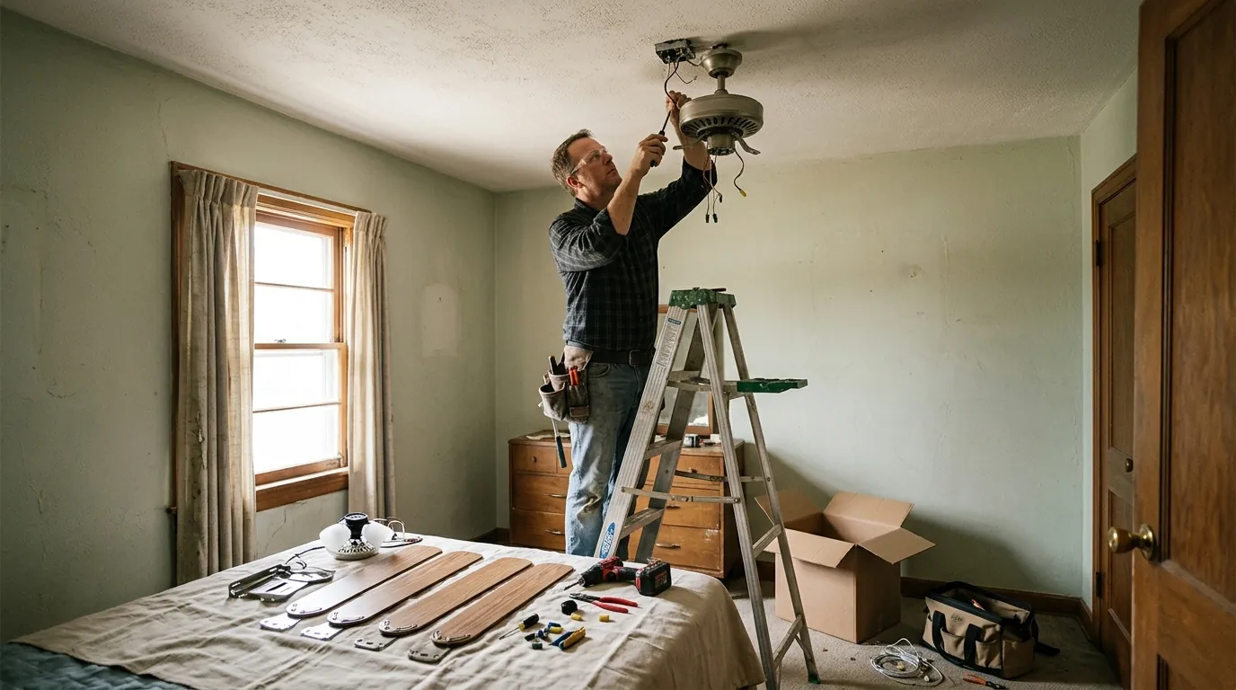 Electrician hanging a ceiling fan in a Warr Acres home