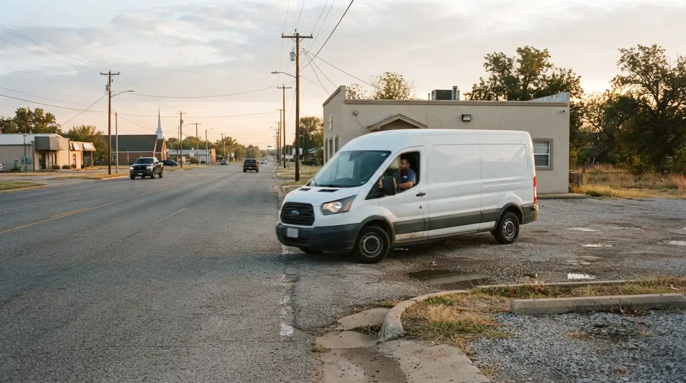 Service van leaving the south Oklahoma City service office in the morning