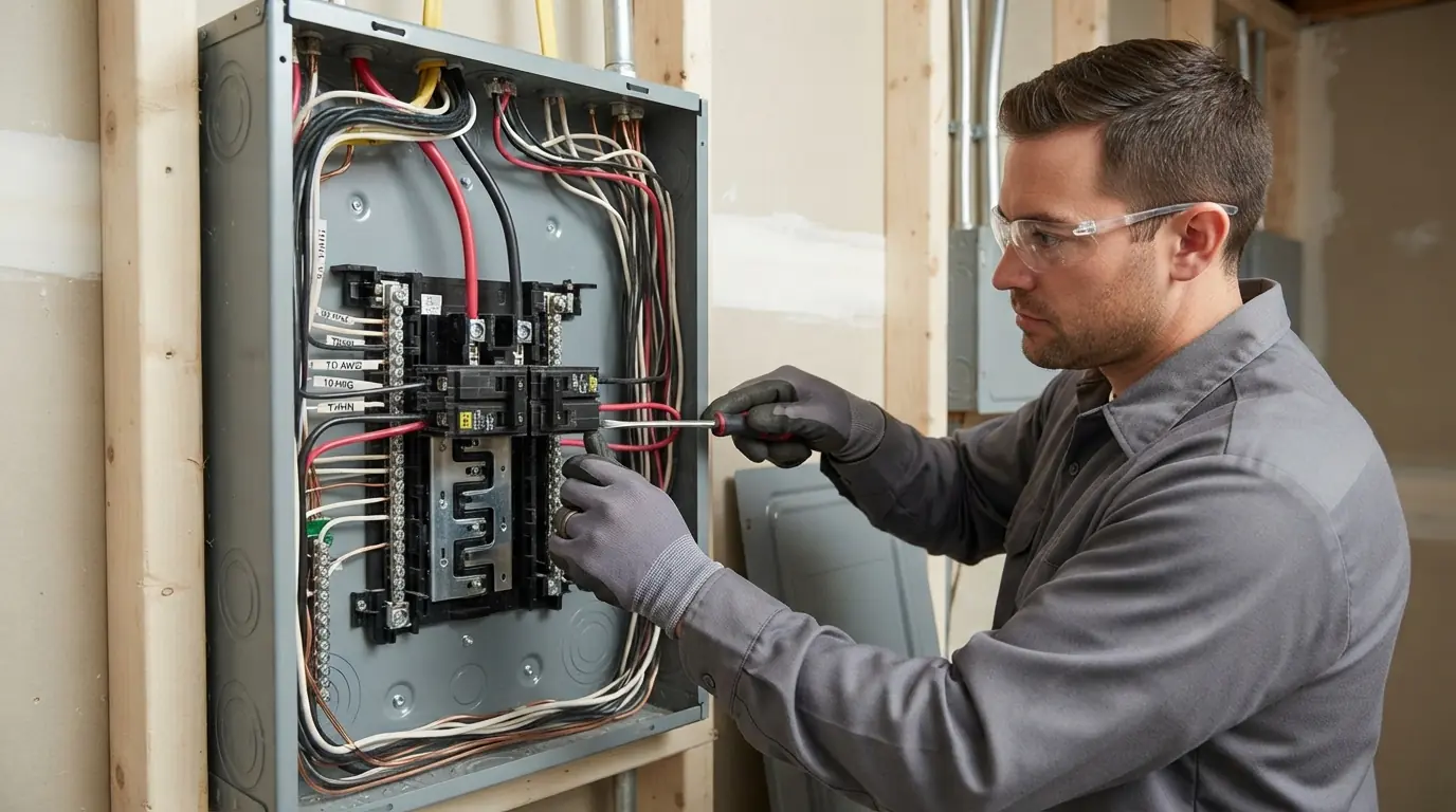 Electrician landing a new two-pole breaker for a range circuit in an Oklahoma City panel