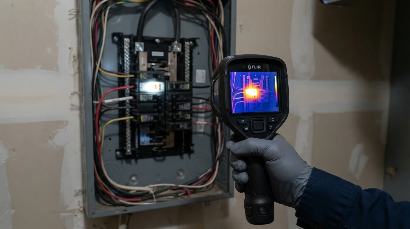 Electrician using a thermal camera on a panel during an emergency visit in Oklahoma City