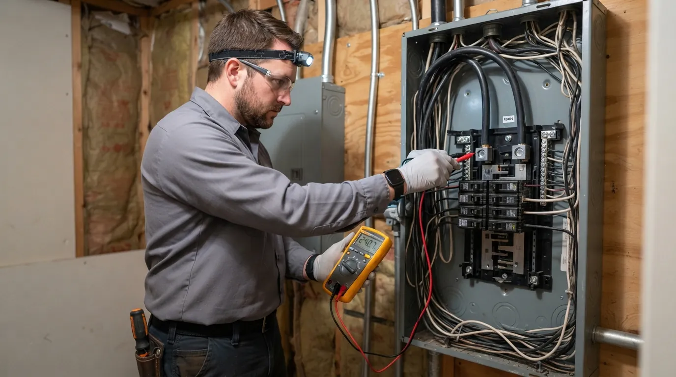 Electrician measuring voltage under load at a panel in Oklahoma City