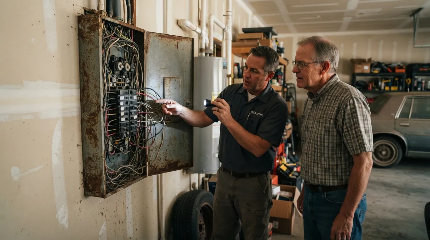 Electrician explaining an old panel to a homeowner before an upgrade in Oklahoma City