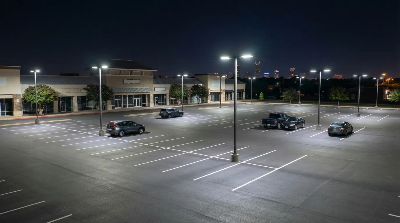 LED parking lot pole lights over a strip center lot at night in Oklahoma City