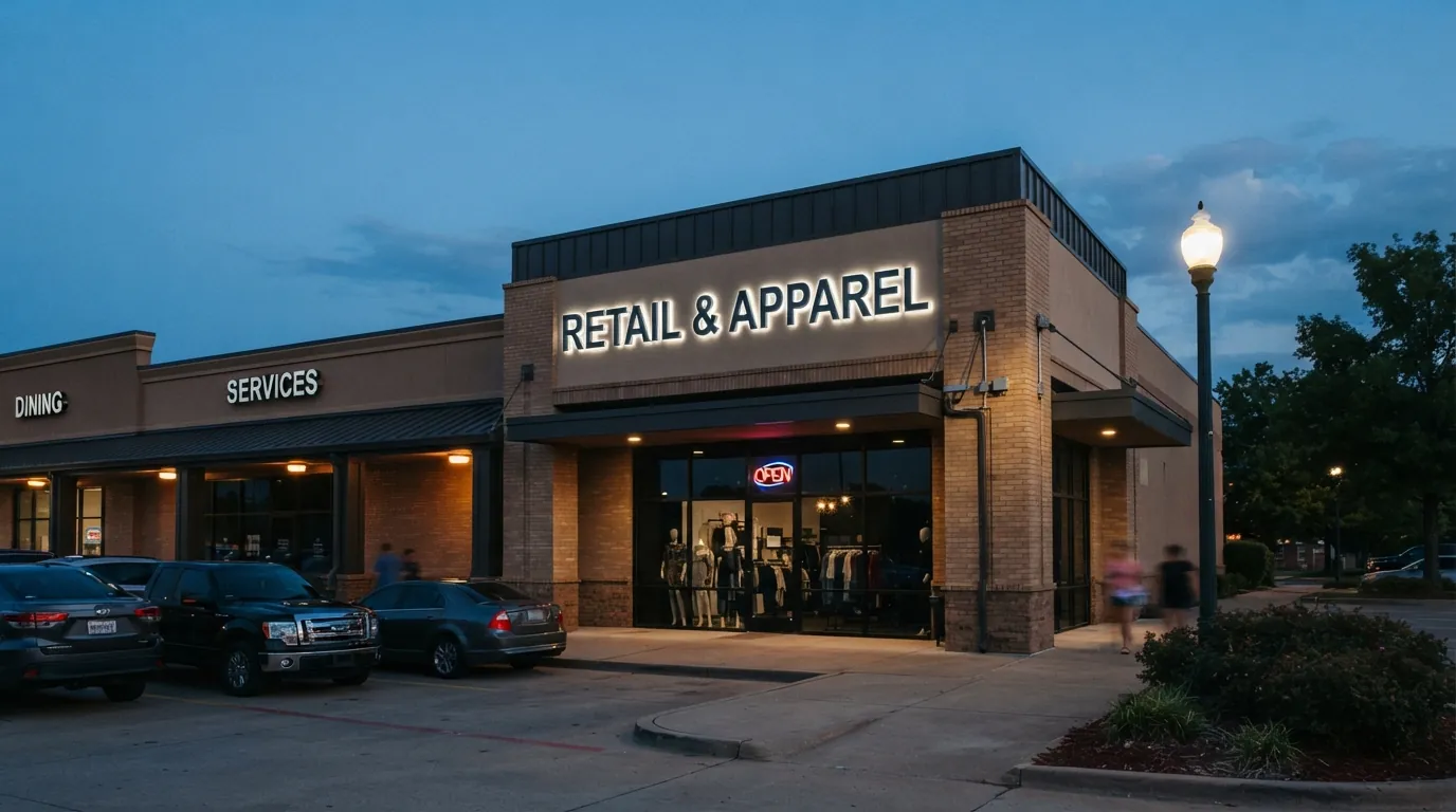 Illuminated storefront sign above a retail suite at dusk in Oklahoma City