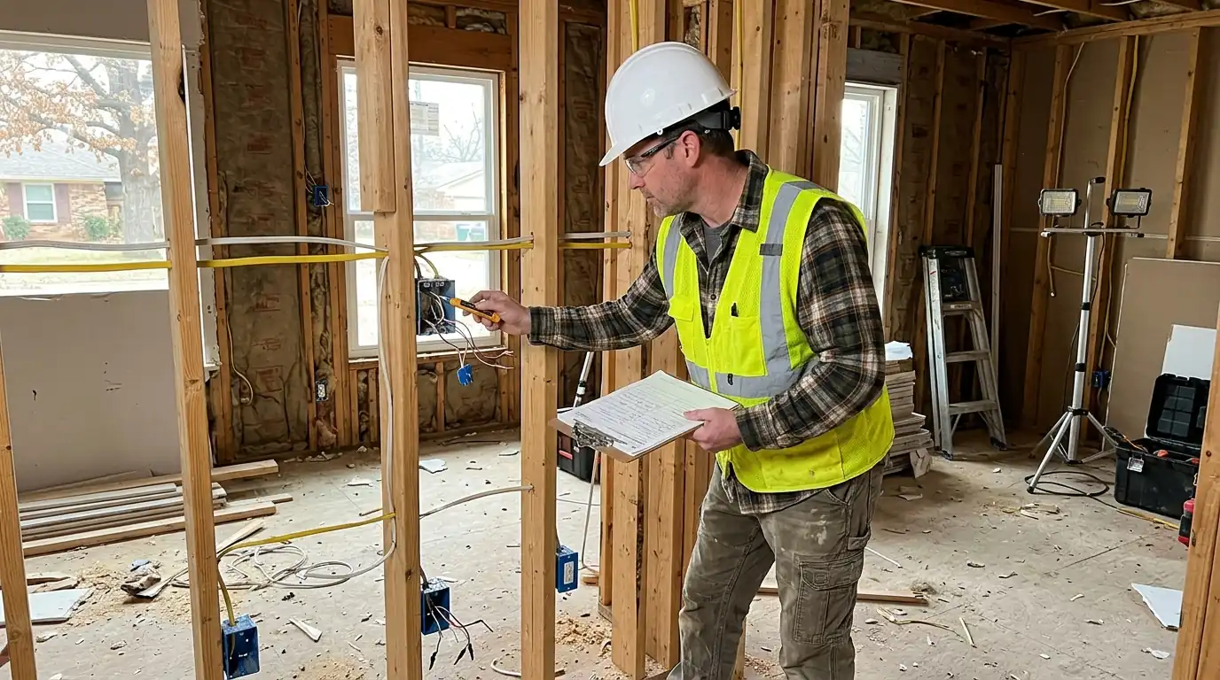 Inspector checking rough-in wiring before the walls are closed in an Oklahoma City remodel