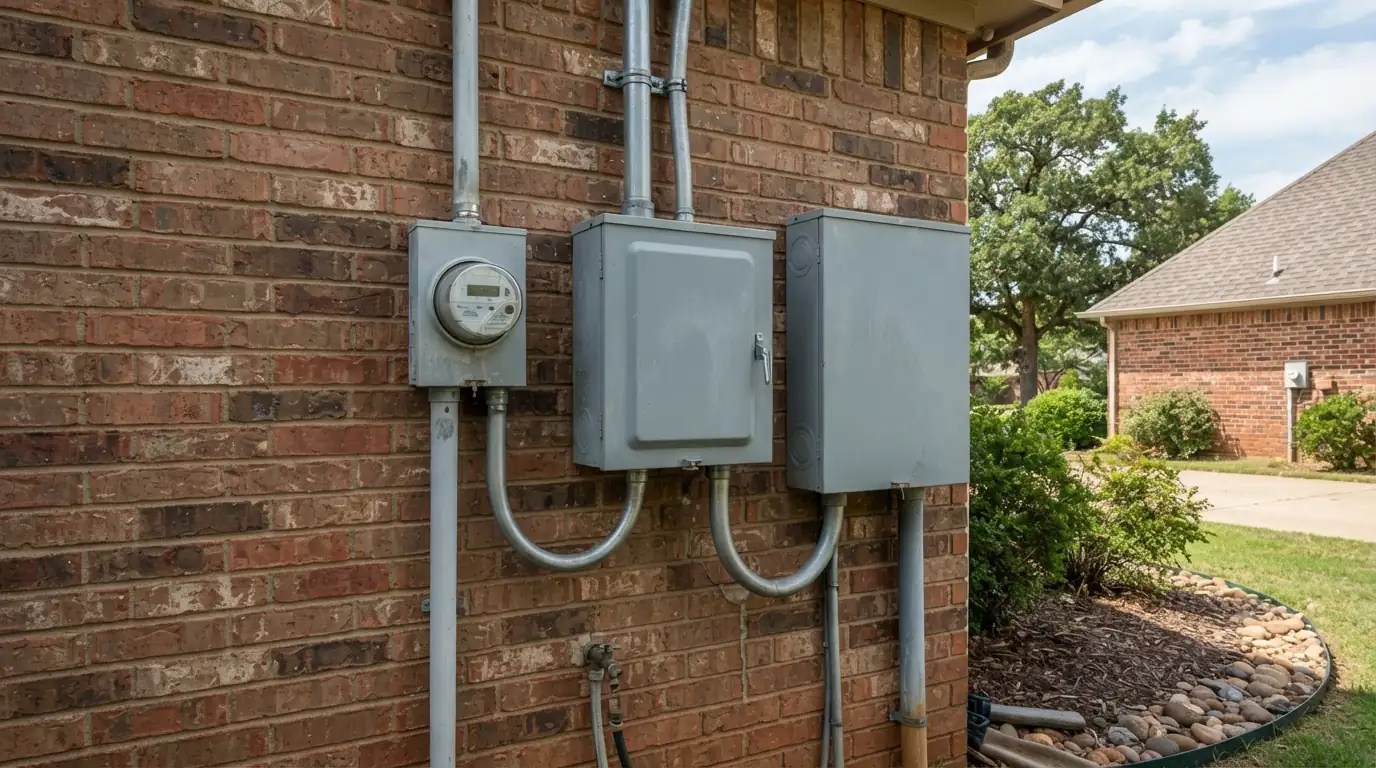 Automatic transfer switch mounted beside a meter and main panel on an Oklahoma City home