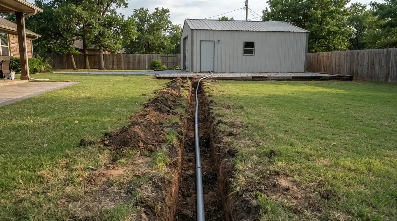 Open trench with gray PVC conduit laid across a backyard toward a detached shop in Oklahoma City