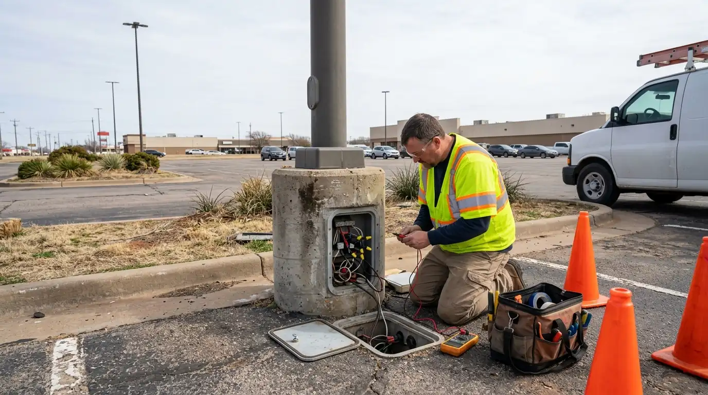 Electrician testing wires in the hand hole of a parking lot light pole base in Oklahoma City