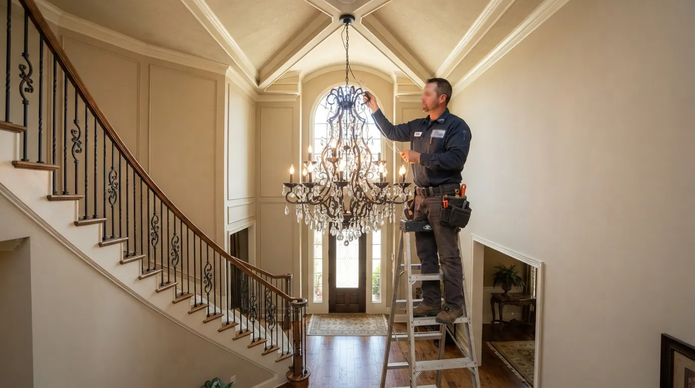 Electrician hanging a chandelier in a two-story foyer in Oklahoma City