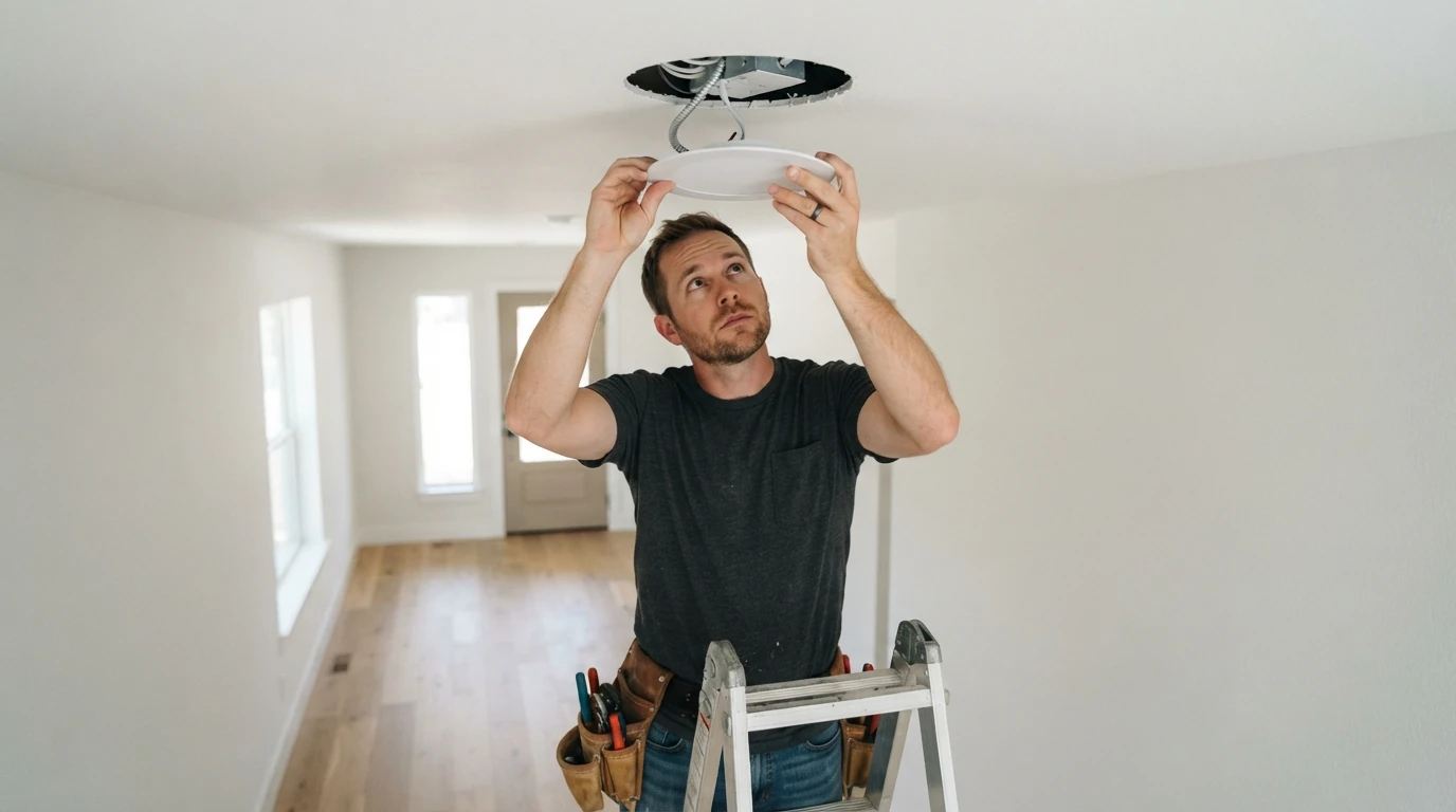 Canless LED wafer light being installed in a finished ceiling in Oklahoma City