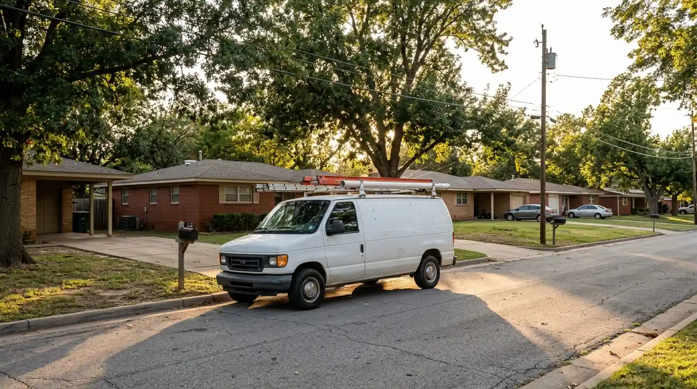 Electrician van on a residential street in Oklahoma County
