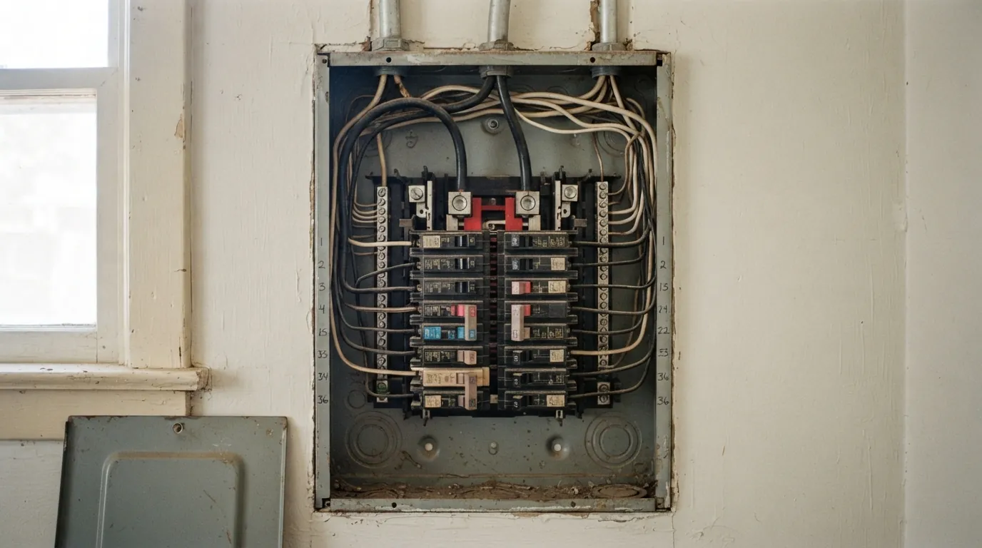 Federal Pacific Stab-Lok panel with red-handled breakers in an Oklahoma City home