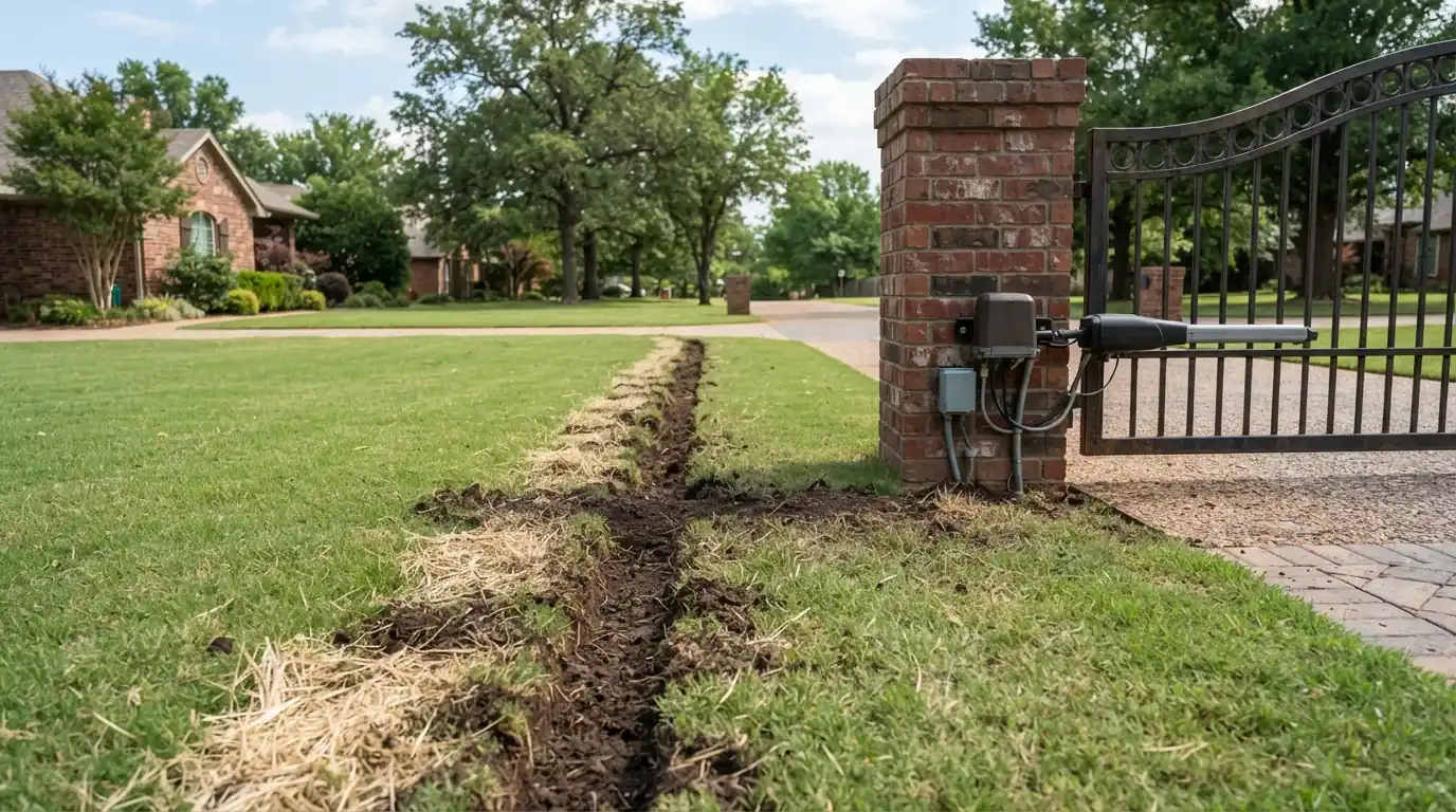 Backfilled trench line with new sod across a lawn to a driveway gate in Oklahoma City