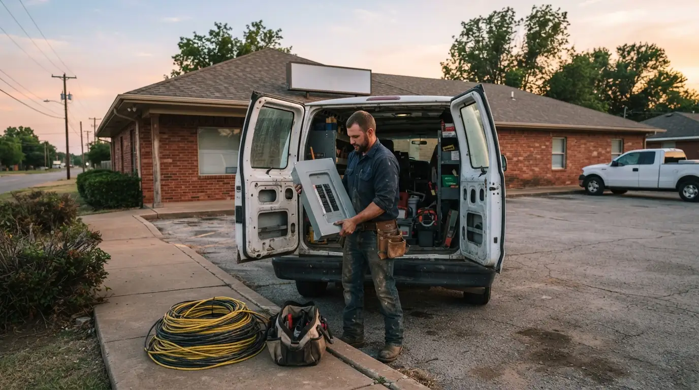 Electrician loading a work van at the south Oklahoma City service office