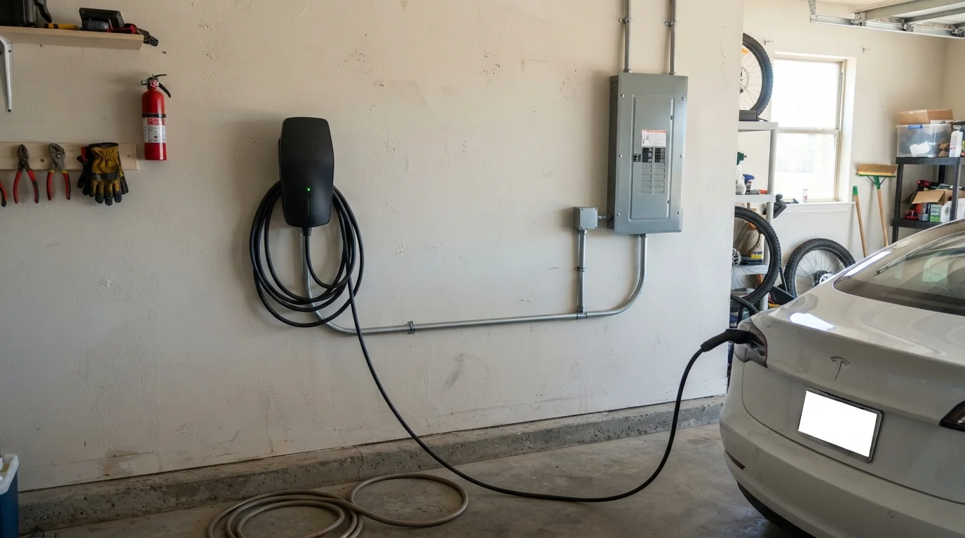 Level 2 EV charger installed near the panel in an Oklahoma City garage