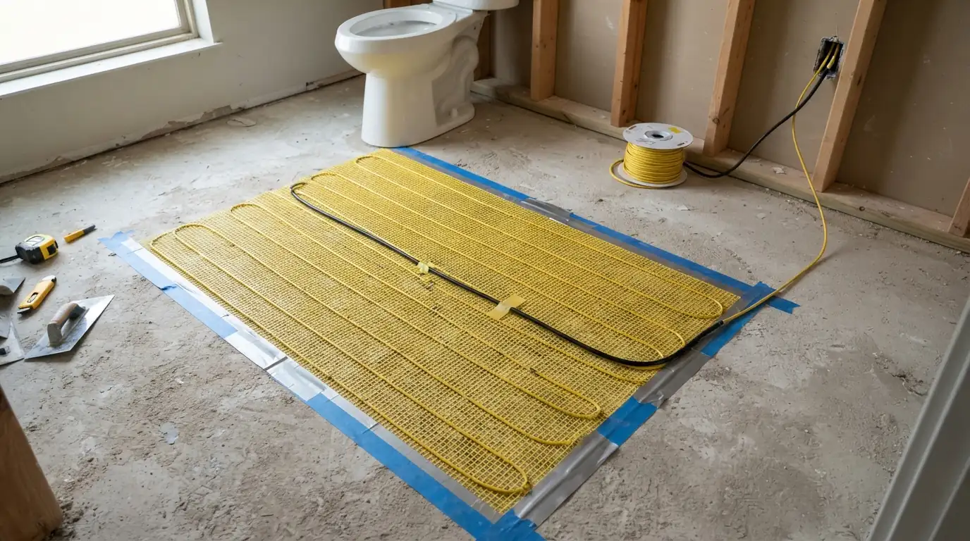 Bathroom remodel with heated floor wiring before tile in Oklahoma City