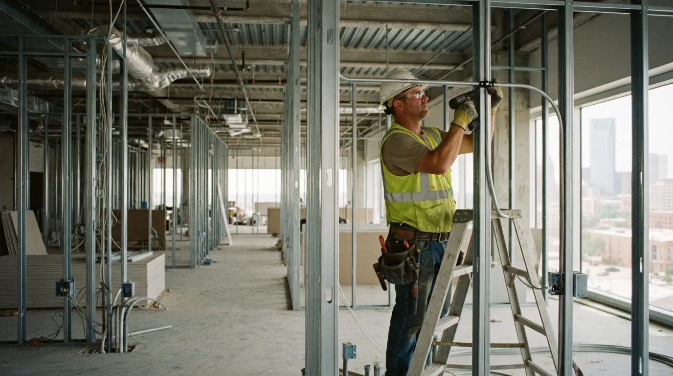 Electrician roughing in office circuits on metal studs in an Oklahoma City suite