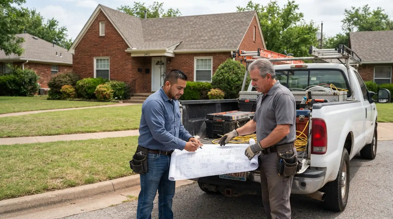 Two electricians reviewing a permit drawing on a truck tailgate in Oklahoma City