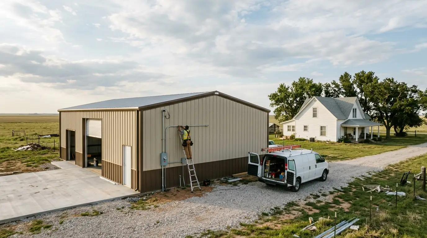 Electrician running conduit to a new shop building in Canadian County