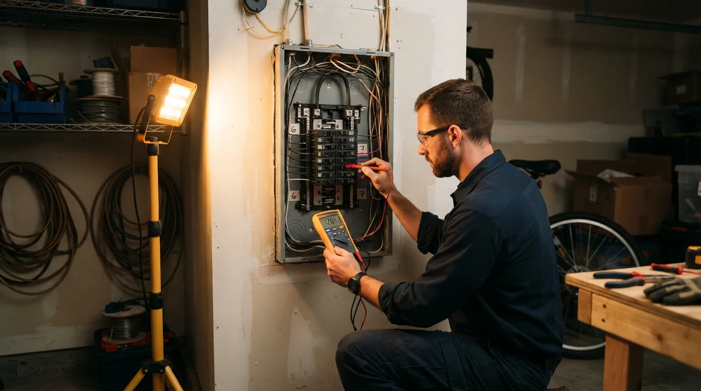 Electrician testing a breaker in an open panel in Oklahoma City