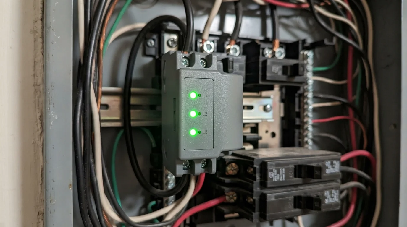 Close-up of surge protector status lights on a panel-mounted device in Oklahoma City