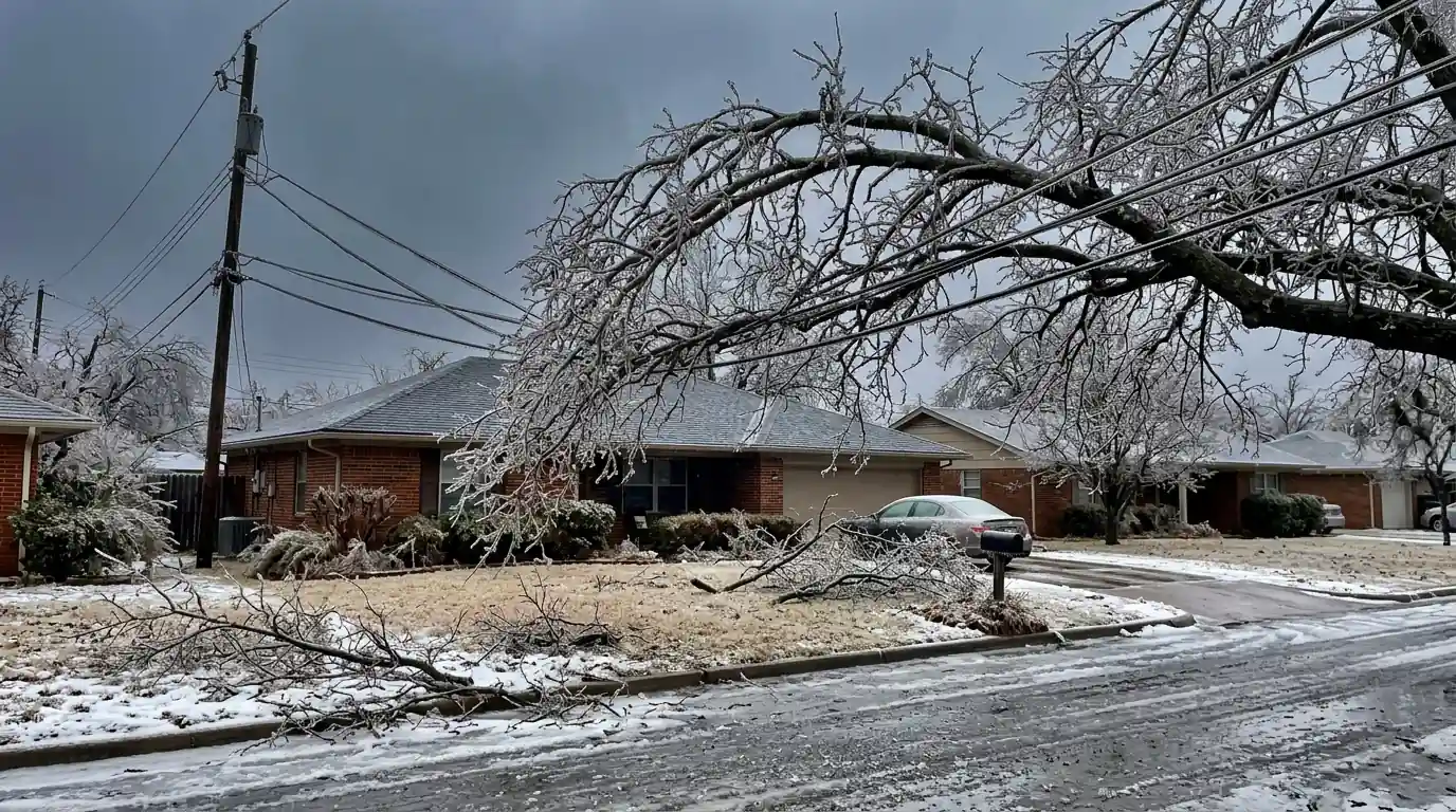 Ice-coated tree limbs on the service lines of an Oklahoma City home after an ice storm