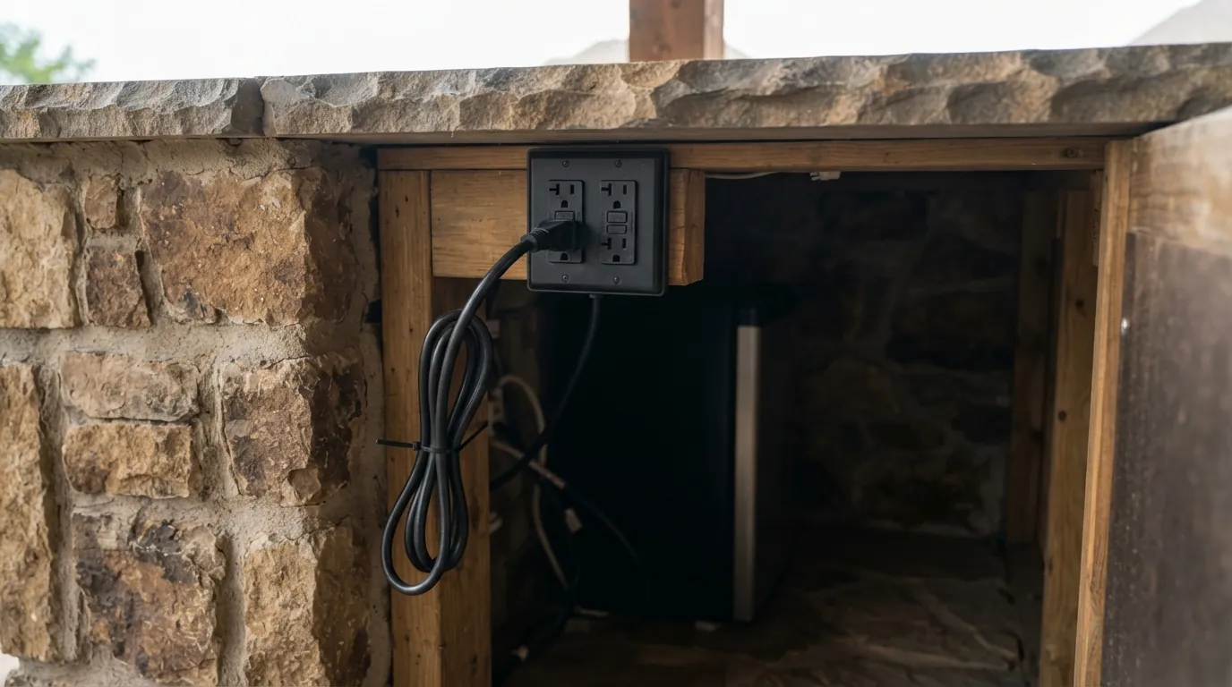 Dedicated outlets and a GFCI installed inside a stone outdoor kitchen island in Oklahoma City