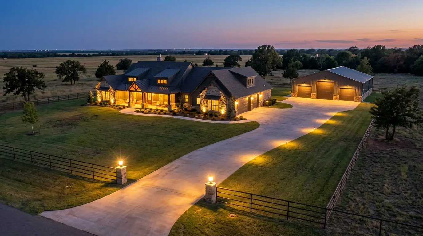 Newer home on acreage with a lit driveway in Piedmont