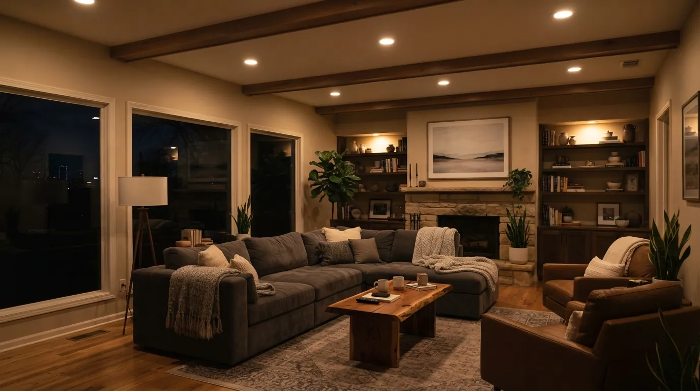 Recessed LED lights dimmed low in an Oklahoma City living room