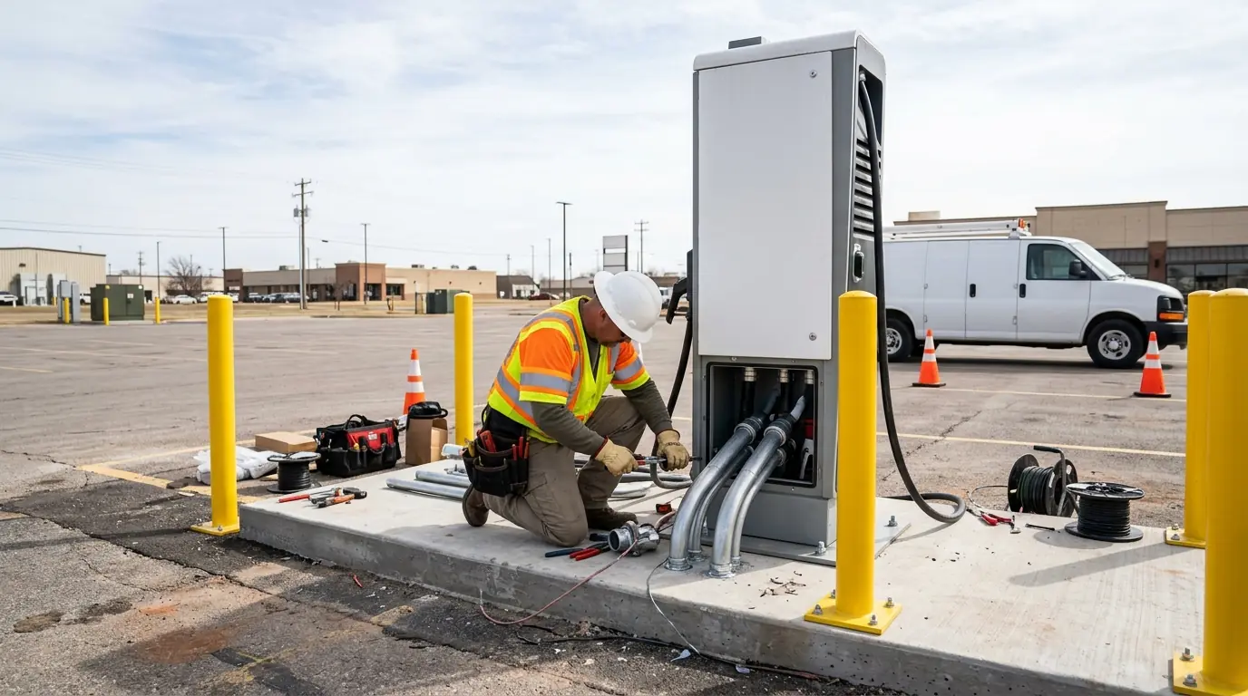 Electrician running conduit to a DC fast charger cabinet in Oklahoma City